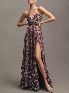 Abito lungo estivo 2026 vintage da <span class=keywords><strong>donna</strong></span> con stampa, scollo all'americana, senza schienale, in chiffon, con orlo svasato e vita impero - Product Image 4