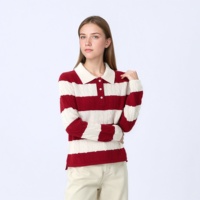 Jersey de punto con bloques de color para mujer, suéter de punto, cuello Polo de lana 100%, diseño de manga larga, Tops de lana Premium