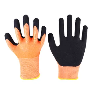 Gants de sécurité 13G en polyester noir orange enduits de finition en nitrile pour le travail industriel résistant aux coupures