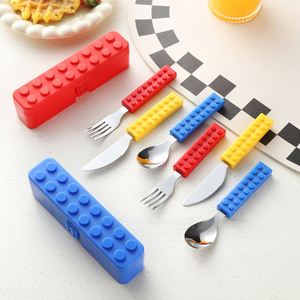 Cross-border <b>Building</b> <b>Block</b> Wheat Straw Eco-Friendly Simple Style Children's Knife Fork Spoon <b>Set</b> Assembled Western Portable - Product Image 1