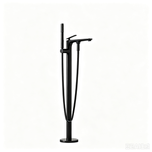 Grifo de Bañera Minimalista Negro Mate de Montaje en Suelo, Monomando con Válvula Cerámica, Rociador en Cascada, Accesorio de Baño de Latón - Product Image 1