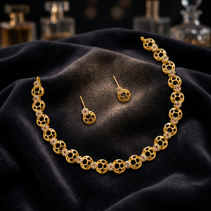 Elegant High Quality Gold Plated Hollow Disc <b>Chain</b> Necklace Set Flower CZ <b>Stud</b> <b>Earrings</b> Ring Minimalist Daily Fashion Jewelry - Product Image 3
