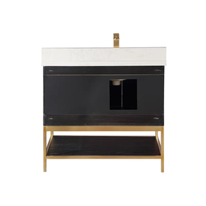 Mueble de Baño Moderno SENYUModern de Madera Negra con Tiradores de Latón y Estante Abierto para Almacenamiento - Product Image 6