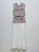 Nuevo Vestido Midi Elegante de Verano 2026 para Mujer, Sin Mangas, con Cuentas, Top de Tweed, Falda Plisada de Gasa, Vestido Casual Holgado con Cinturón