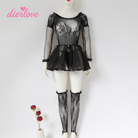 Dierlove En gros Robe mini Teddy noire en dentelle résille à manches longues, avec perles et jupe évasée, Lingerie en maille transparente