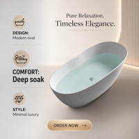 Baignoire ovale en pierre artificielle moderne et minimaliste pour projets hôteliers, maisons d'hôtes et petits appartements, à bord fin