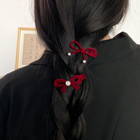 Rouge Velours Perle Arc Vintage Flocage Pince À Cheveux Élégance Artistique Petite Frange Clip À La Main De Mode Exquis Cheveux Accessoires