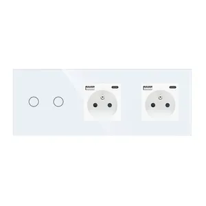 Touch Light Switch With EU French USB Type-C Double Triple Wall Sockets Led Switches Crystal Backlight Electrical Outlet 16A