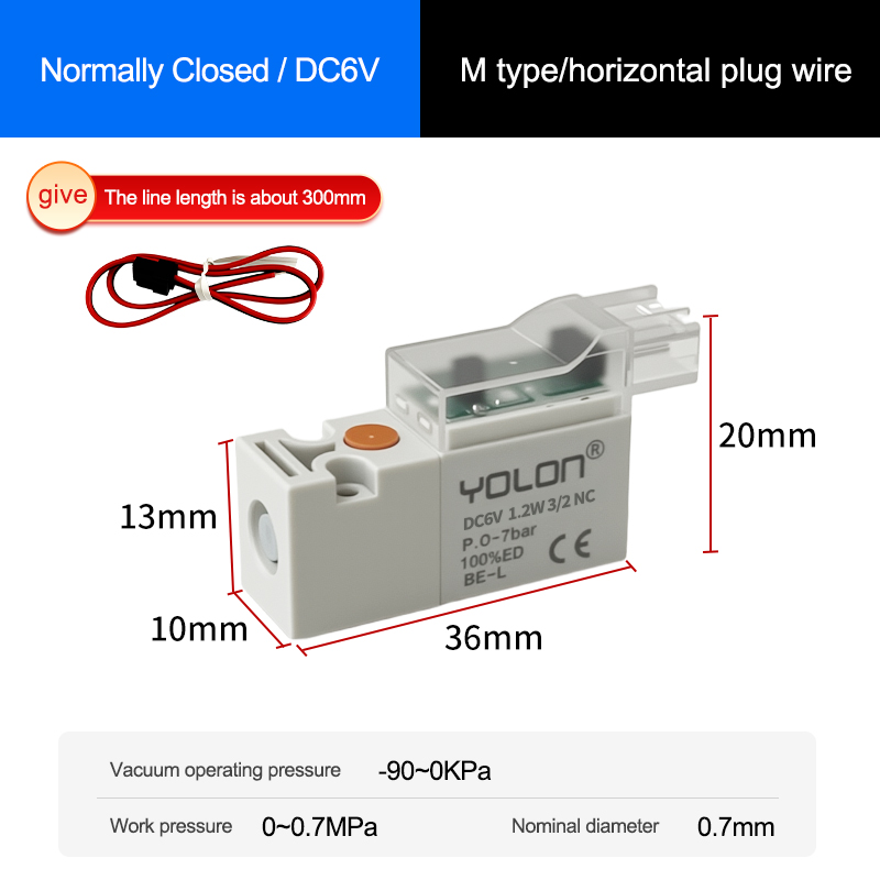 3/2 vías/tipo M/cable de enchufe horizontal/normalmente cerrado DC6V