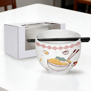 Witte op maat gemaakte porseleinen noedelkom met stokjes en doosverpakking - Product Image 5