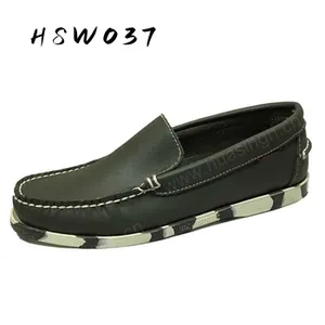 WYX，套穿式手工焊接鼠尾草绿色全皮豌豆鞋硬耐磨彩色橡胶鞋底船鞋HSW037