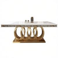 Ensemble de table à manger en marbre de style européen moderne et luxueux, structure en acier inoxydable, 10 places, pieds en métal rectangulaires pour salle à manger de villa