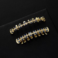 Grillz dentaire Hip Hop sans nickel, plaqué or, avec diamants bleus baguette préfabriqués, pour un port sûr