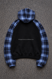 Hoodie décontracté streetwear personnalisé pour homme et femme, effet délavé, patchwork à carreaux, manches contrastantes - Product Image 3