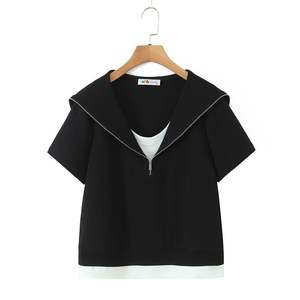 Blusa de Algodón Ligera para Mujer N9260, Cuello Marinero, Manga Corta, Color Sólido, Diseño en Contraste, para Uso Diario - Product Image 1