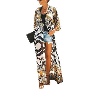 Boho Damesmode Chiffon Bloemen Kimono Vest Lange Badkleding Cover Ups - Product Image 5