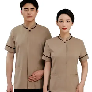 short sleeve design customized Hotel housekeeping uniform cleaner staff maid workwear printed embroidery custom logo uniform