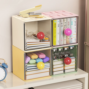 Desktop Storage <b>Box</b> With Lid Stackable Transparent Organizer For Office Supplies And <b>Books</b> Multicolor Rectangle Design - Product Image 1