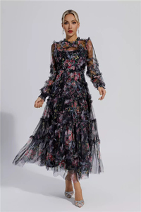 Maxi <span class=keywords><strong>abito</strong></span> floreale in <span class=keywords><strong>Organza</strong></span> a manica lunga Casual Casual elegante personalizzato da donna inverno 2024 - Product Image 5