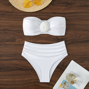 Conjunto de Bikini de 2 Piezas para Mujer al por Mayor, Top Bandeau con Decoración Floral 3D de Rosas, Corte Alto Fruncido, Secado Rápido, Traje de Baño Sólido para Playa de Verano - Product Image 6