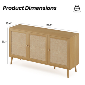 Buffet avec 3 portes en rotin, console de rangement moderne pour entrée, salon, grand modèle naturel - Product Image 3