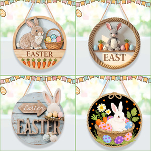 Plaque de porte ronde en bois de Pâques 30 cm, décoration suspendue lapin et œuf, pour intérieur, faite à la main, impression UV - Product Image 2