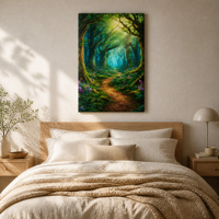 Tableau mural sur toile Forêt Mystique Moderne, sentier forestier vert luxuriant, impression HD en plein soleil pour décoration naturelle de salon