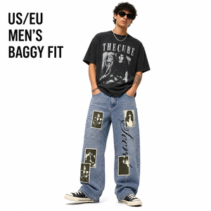 OEM High Waist Breathable Distressed Graphic Patch <b>Men</b> <b>Jeans</b> Light Wash Vintage Printed Denim <b>Trousers</b> for Brand Wholesale ODM - Product Image 3
