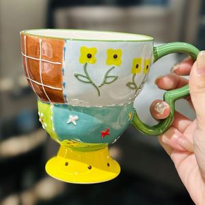 Creative Embossed Hand-Painted Plaid Goblet, Niche Design <b>Ceramic</b> Mug, Office Coffee <b>Cup</b>, Gift Box - Product Image 3