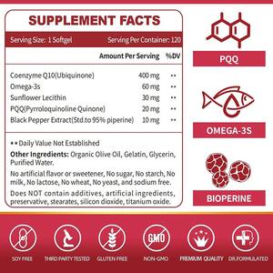 Coenzima COQ10 de marca blanca OEM, cápsulas blandas, coenzima <span class=keywords><strong>Q10</strong></span> con PQQ, Omega-3 y BioPerine - Product Image 2