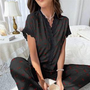 Pijama Elegante para Mujer con Estampado de Cerezas y Cintura Elástica Ropa de Dormir Cómoda y Transpirable - Product Image 4