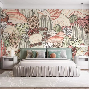 Mural de Pared con Diseño Art Deco de <span class=keywords><strong>Cactus</strong></span> del Desierto y Colinas Florales, Pintado a Mano, para Sala de Estar, Dormitorio, Decoración Personalizada para el Hogar - Product Image 5