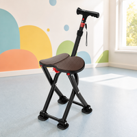 Canne de marche senior avec siège, 4 pieds antidérapants, pliable, en alliage d'aluminium, réglable en hauteur, avec lumière LED et alarme SOS pour personnes âgées