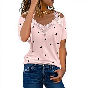Maglietta da donna <span class=keywords><strong>con</strong></span> stampa cuore a spalla 2025 <span class=keywords><strong>camicetta</strong></span> estiva in pizzo in cotone <span class=keywords><strong>con</strong></span> Applique floreale per abbigliamento Casual da vacanza - Product Image 1