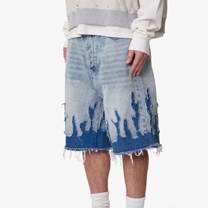 Men Two Tone Flame Cut Frayed Denim Jorts Vintage Wide Leg Street Shorts OEM Custom - Product Image 2