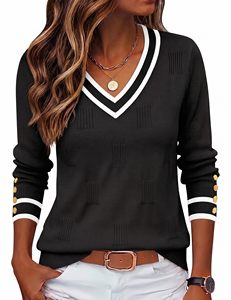 Suéter de punto con cuello en V para mujer, suéter negro informal de manga larga con cuello en V, estilo universitario - Product Image 1