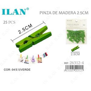 Ilan Mollette in Legno 2,5 Cm Verdi 25 Pezzi per Asciugare Indumenti - Product Image 1