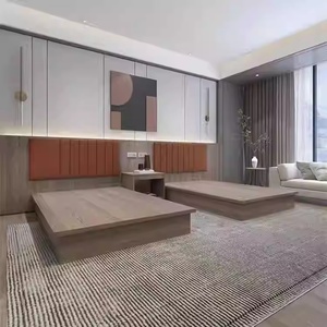 Ensemble de meubles de chambre à coucher en bois minimaliste moderne, lit plateforme bas, tables de chevet intégrées, tête de lit capitonnée pour appartement, hôtel - Product Image 3