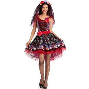 Disfraz de novia fantasma para Halloween, estilo mexicano, Día de Muertos, con flores y calaveras impresas, vestido de encaje. - Product Image 1