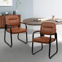 Chaise de bureau commerciale rectangulaire CLATINA en bambou pour salle d'attente, base patin, sans roulettes, avec accoudoirs et support lombaire en similicuir