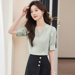 Light Green Chiffon Blouse Women V Neck Short Sleeve Solid Color Elegant Shirt Everyday Wear Polyester Fabric - Product Image 3