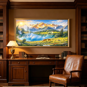 Quadro in Porcellana con Cristalli, Paesaggio Montano Nordico con Alpi, Laghi e Cervi, Decorazione da Parete con Scenografia Naturale - Product Image 2