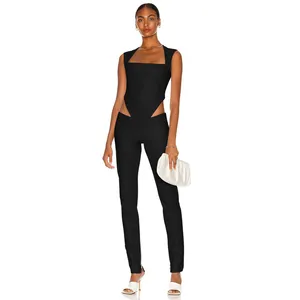 C2751 Wholesale Black Sleeveless Hollow Out One-piece Long Bodycon Ladies Jumpsuit