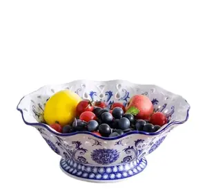 手工制作的白色和蓝色现代家居装饰产品陶瓷蔬菜干水果碗