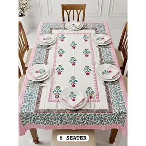 Nappe de table moderne à motifs floraux imprimés à la main en 100 % coton avec serviettes pour 6 personnes, usage domestique - Product Image 1