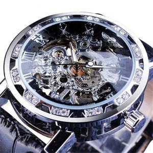 Montres mécaniques pour hommes WINNER 1089 avec strass ajourés, cadran en verre tendance, bracelet en cuir manuel - Vente en gros - Product Image 4