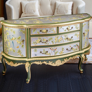 Armario francés antiguo de madera maciza | Gabinete de almacenamiento de 4 cajones de marquetería floral pintado a mano - Product Image 4