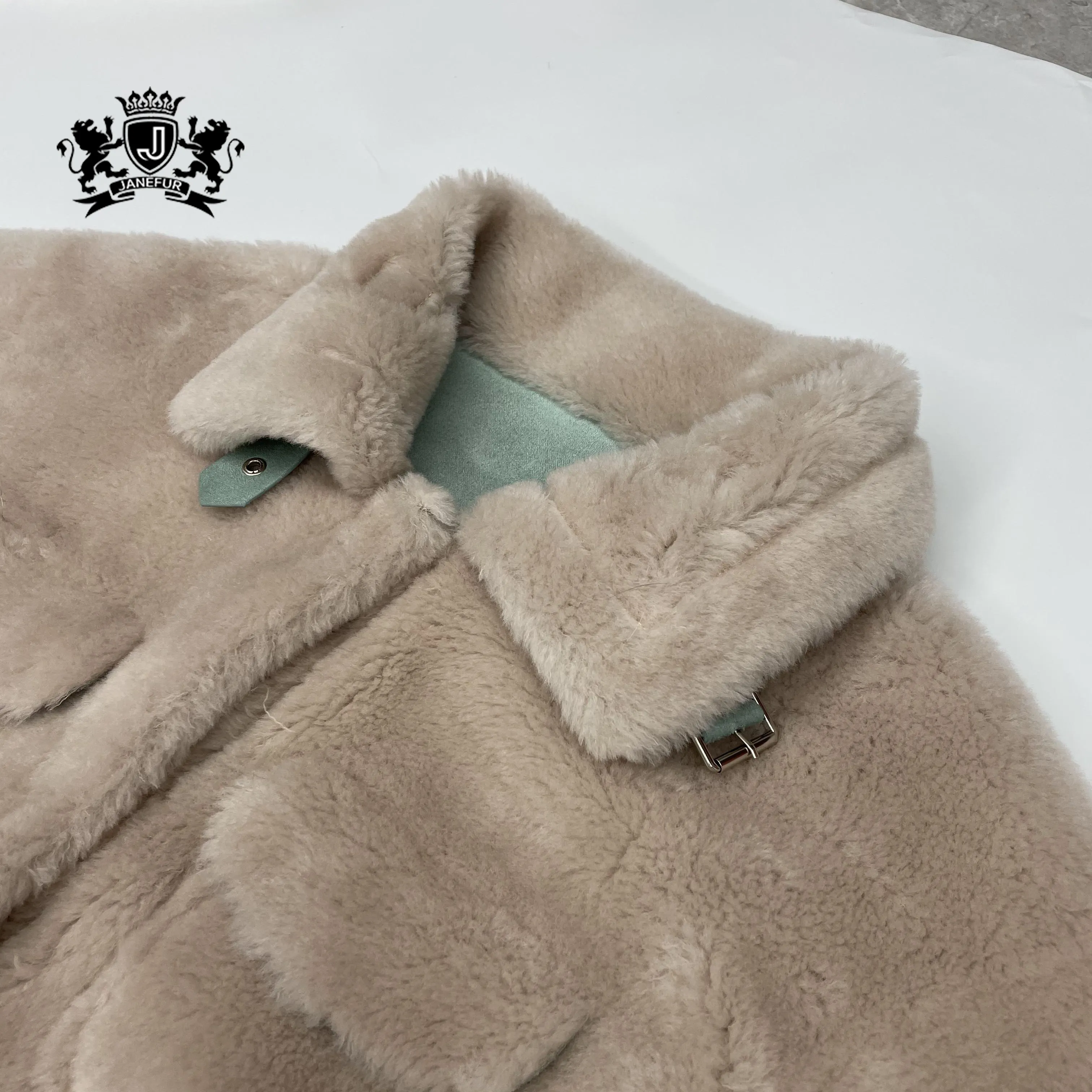 JANEFUR Mantel Cukur Domba Warna Teh Susu, Mantel Depan Faux Kualitas Tinggi Panjang Hangat Mode Musim Semi