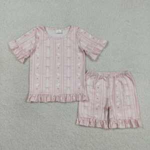 GSSO3330 RTS Ensemble d'été pour petite fille, motif fleurs d'oie roses, tenue d'été pour enfants, vente en gros, ensemble short et t-shirt à manches courtes pour fille - Product Image 1