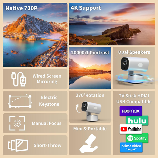 2026 Hot-seller Portable Smart Projector Android 14.0 5000Lumens Native 1080P Auto Keystone Beamer for Football Match Home